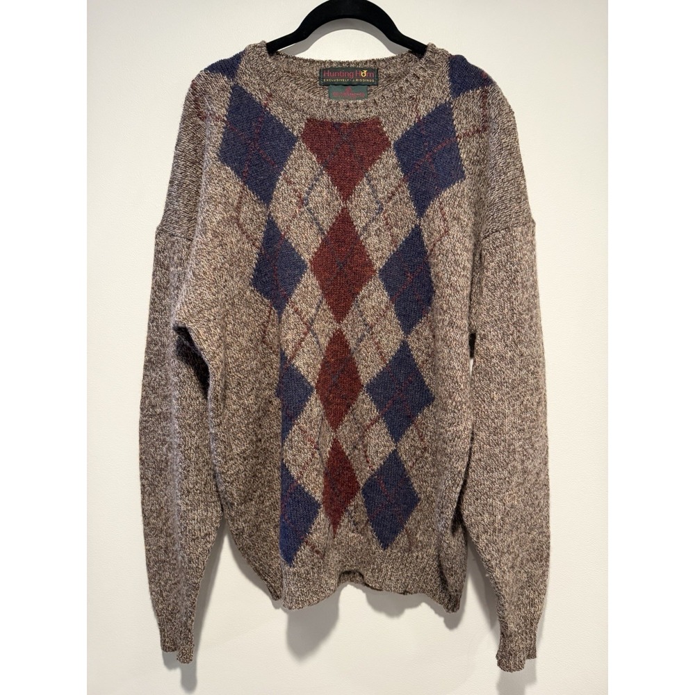 Vtg Hunting Horn  100% Pure Shetland Wool Sweater Grandpa Men's Large Argyle